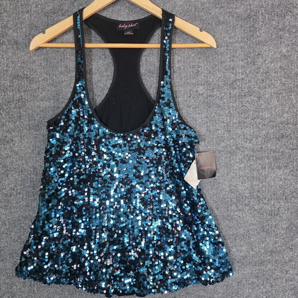 NEW Vintage Baby Phat Sequin Tank Top Deadstock M Blue Y2K‎ 90s Rave Festival - Picture 2 of 11